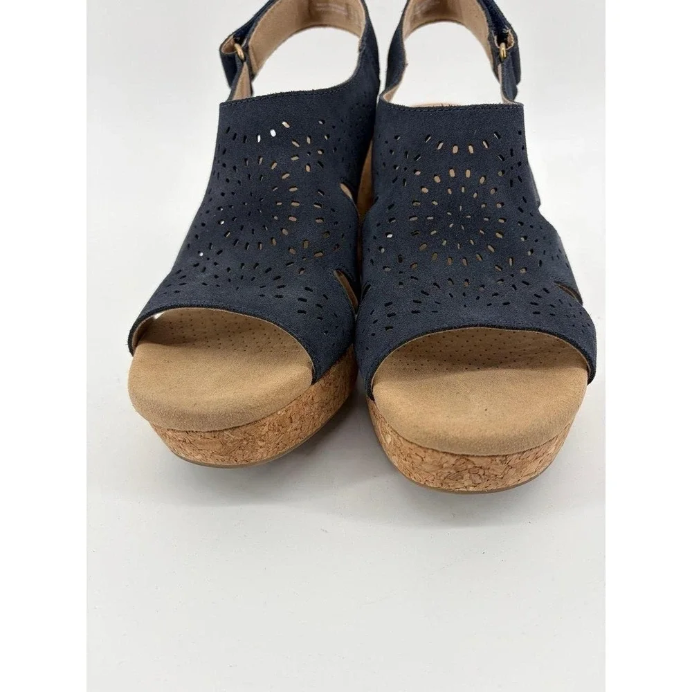 Clarks Blue Suede Wedge Sandals Hook & Loop Ankle Strap Women's US 9